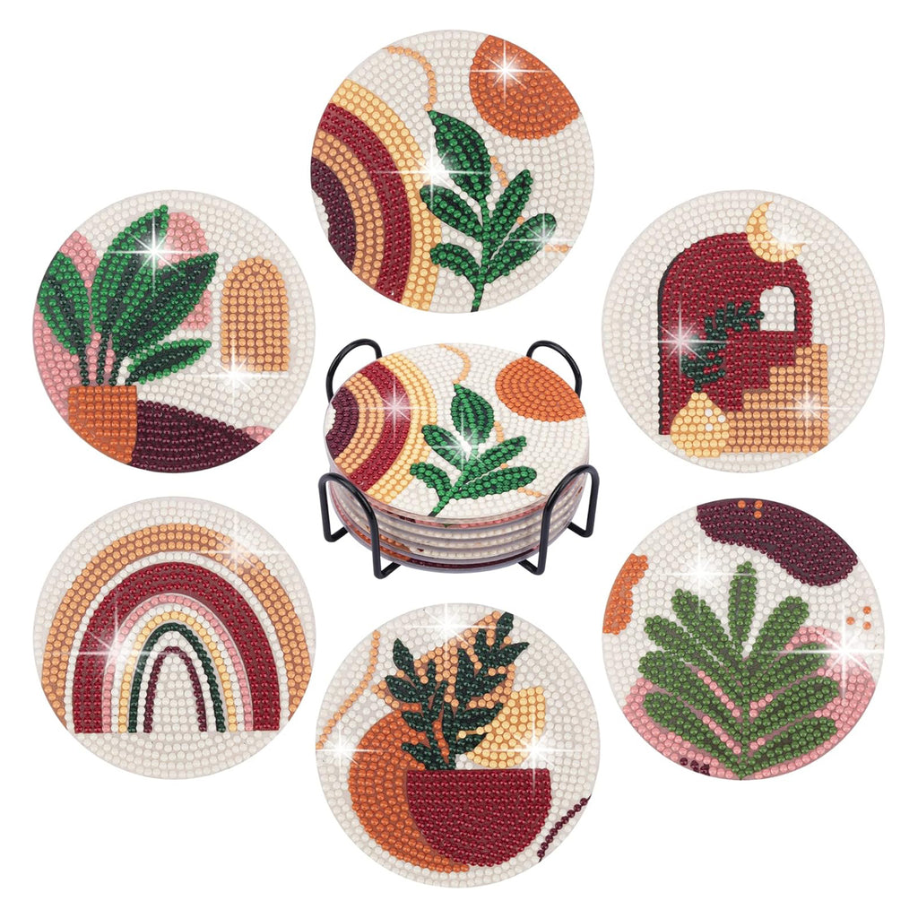 Ju7cer Lot de 6 sous-verres de peinture au diamant avec support - Art au diamant de plantes abstraites | Fournitures de loisirs créatifs pour débutants adultes 4×4 pouces (10×10 cm)