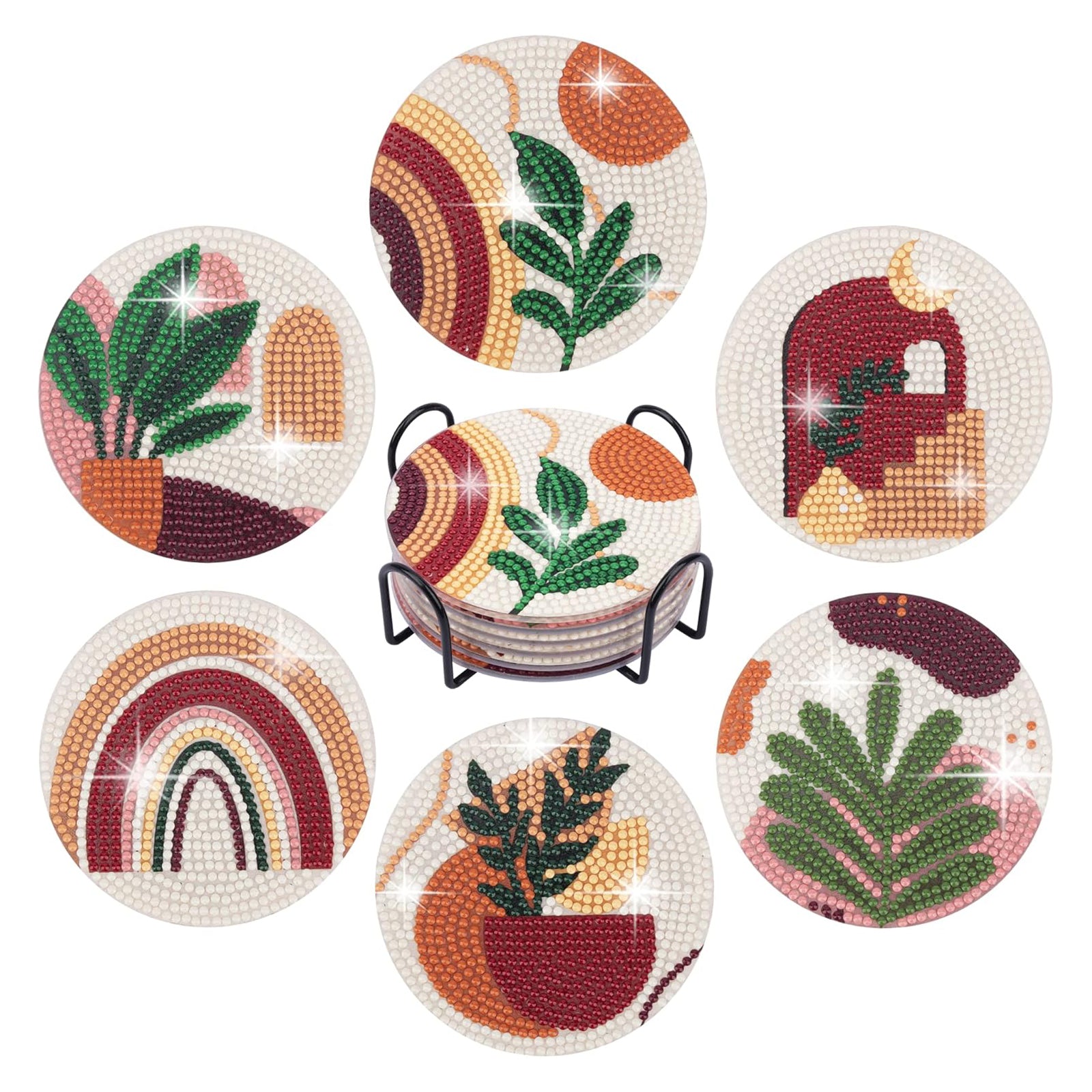 Ju7cer Lot de 6 sous-verres de peinture au diamant avec support - Art au diamant de plantes abstraites | Fournitures de loisirs créatifs pour débutants adultes 4×4 pouces (10×10 cm)