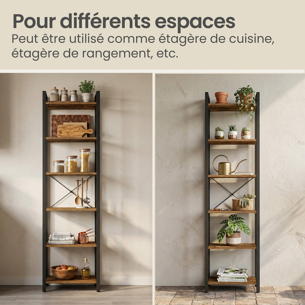JOYFURNOS Bibliothèque à 6 Niveaux, ?tagère de Rangement pour Bureau, Salle d’?tude, Salon et Chambre, 30 x 40 x 187,5 cm, Style Industriel, Marron Rustique et Noir