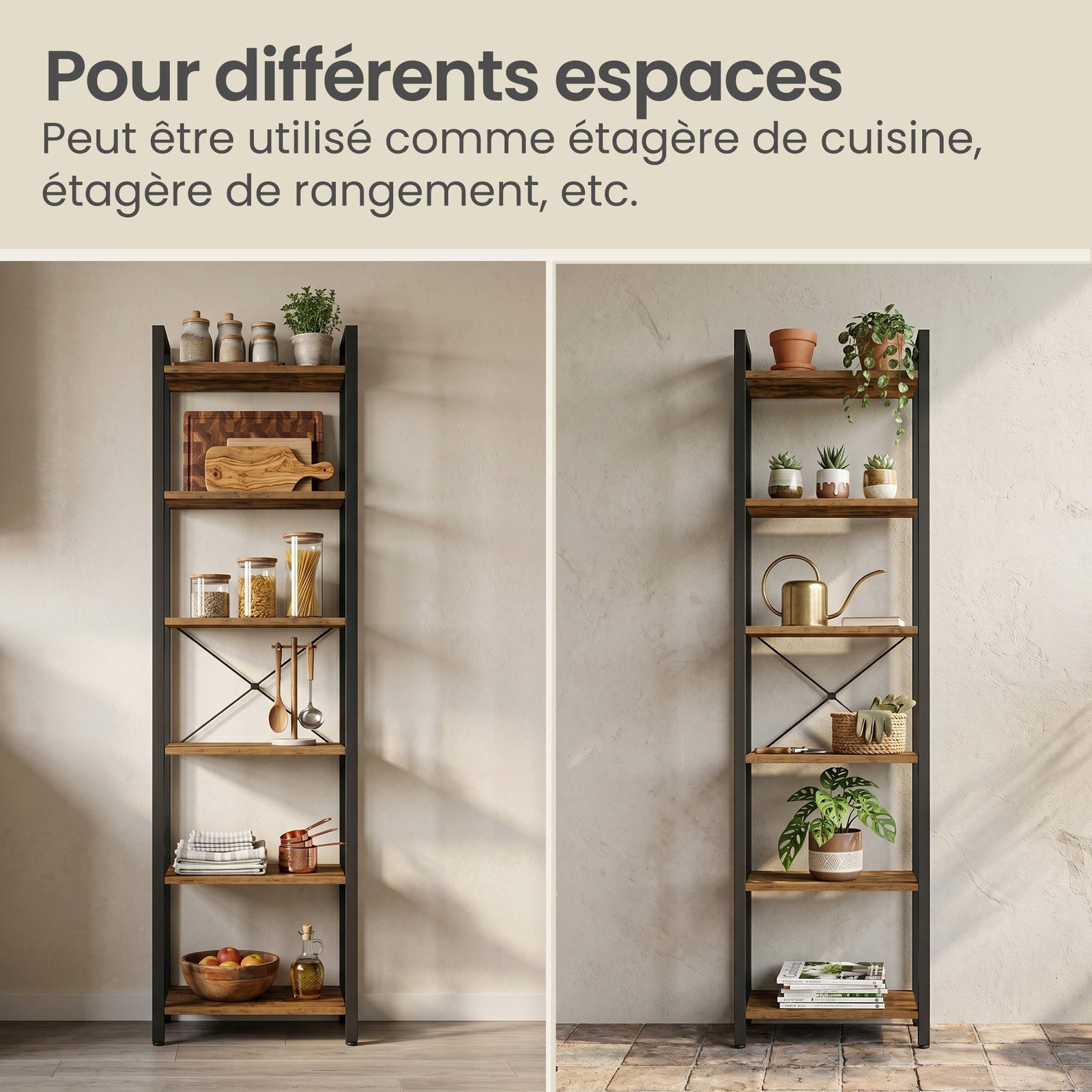 JOYFURNOS Bibliothèque à 6 Niveaux, ?tagère de Rangement pour Bureau, Salle d’?tude, Salon et Chambre, 30 x 40 x 187,5 cm, Style Industriel, Marron Rustique et Noir