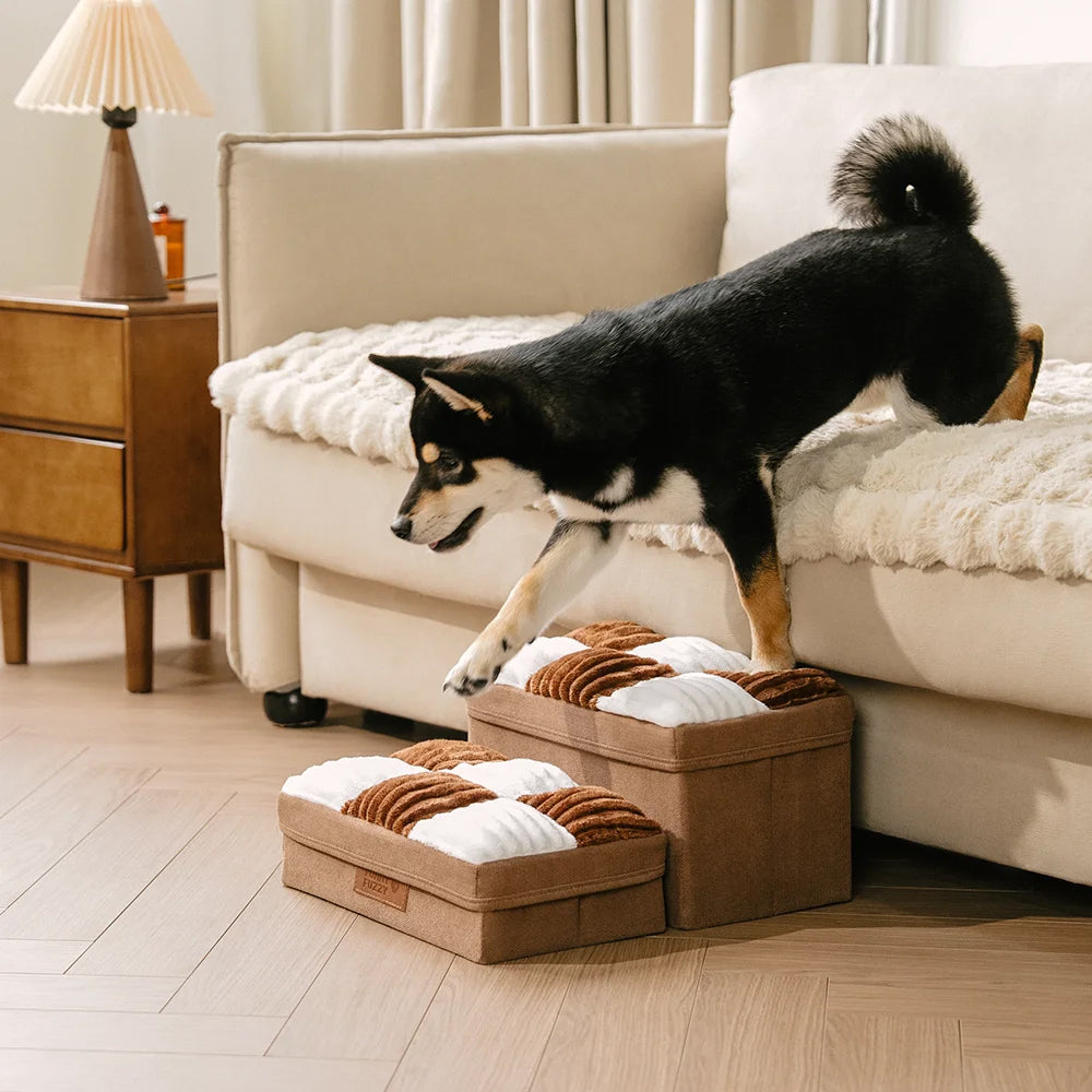 FUNNYFUZZY Escalier pour animaux de compagnie chats et chiens, 2 niveaux, Design à carreaux, Fait main, Marron, Avec espace de rangement, Capacité de charge jusqu'à 20 kg, 45 x 34 x 25 cm