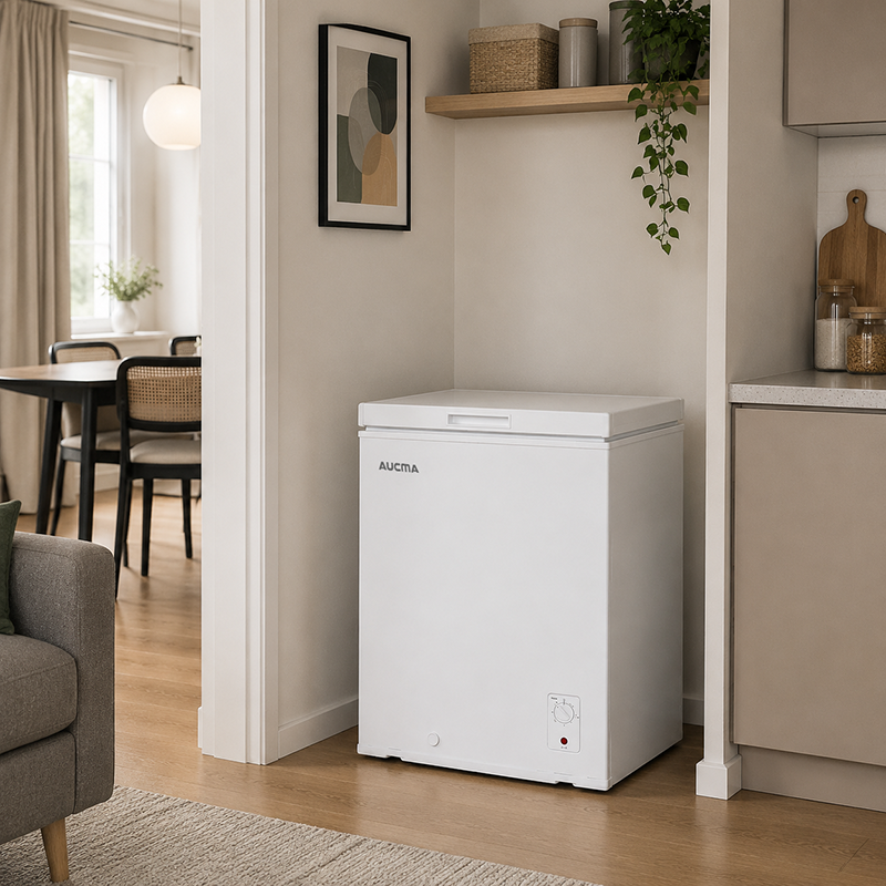 AUCMA 95 L Congélateur Coffre Convertible, Réfrigérateur & Congélateur Réversible, Mini Congélateur Profond Ouverture par le Haut, Classe Énergétique E, Fonctionnement Silencieux, Thermostat à 7 Niveaux, Panier Amovible & Tuyau de Dégivrage, Convient