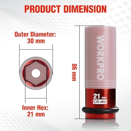 WORKPRO Douille de protection de pneu 1/2" Dr. x 21 mm - Rouge avec anneau en caoutchouc