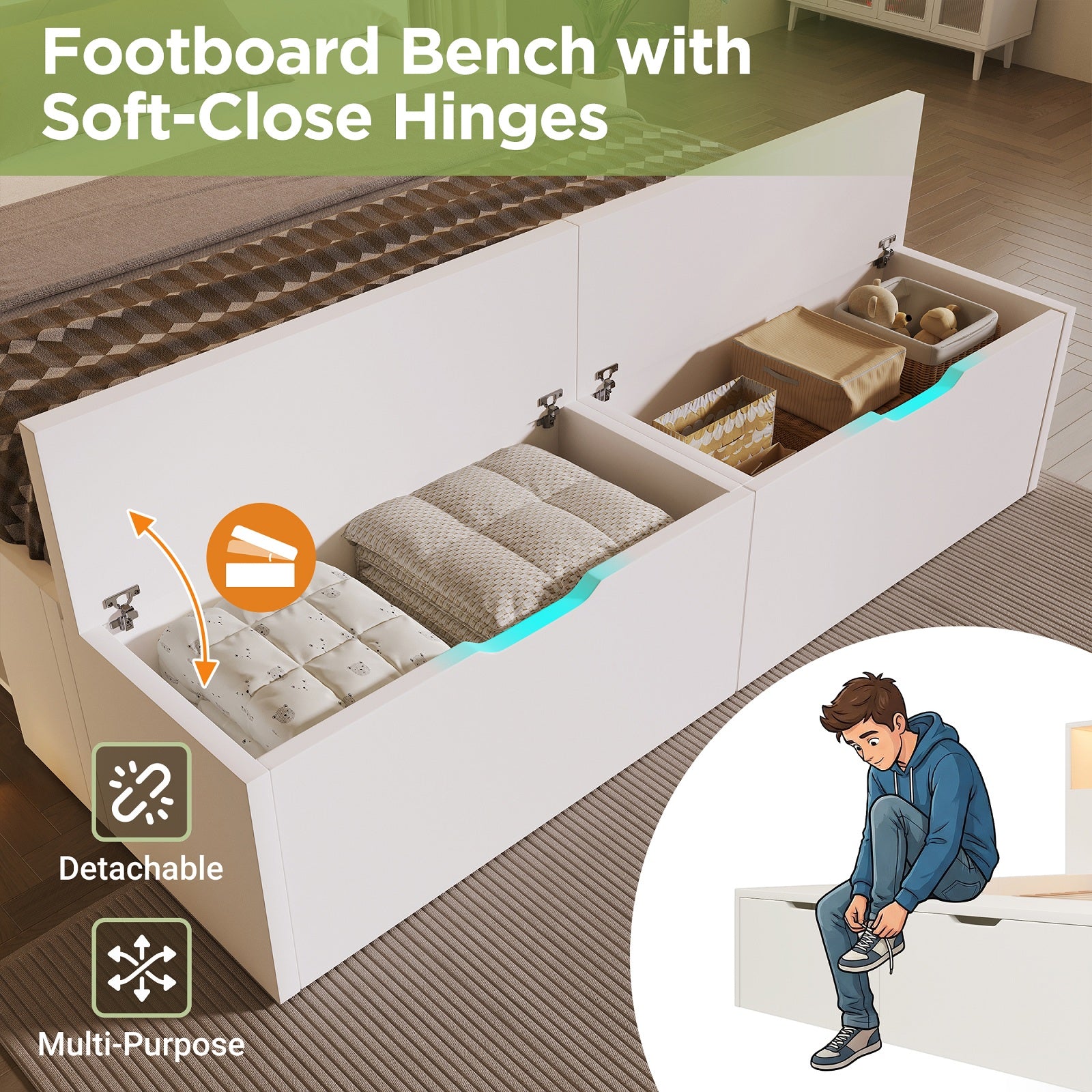 URBAN MEUBLE Lit double 140 x 200 cm blanc avec rangement, éclairage LED, prises USB, tiroirs, banc, étagères, sommier à lattes pour chambre d'adolescent