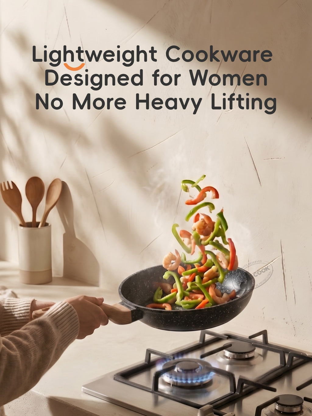 PURE COOK Poêle antiadhésive avec manche en bois | 20 cm | Poêle à frire en aluminium avec revêtement en marbre pour la cuisine au quotidien