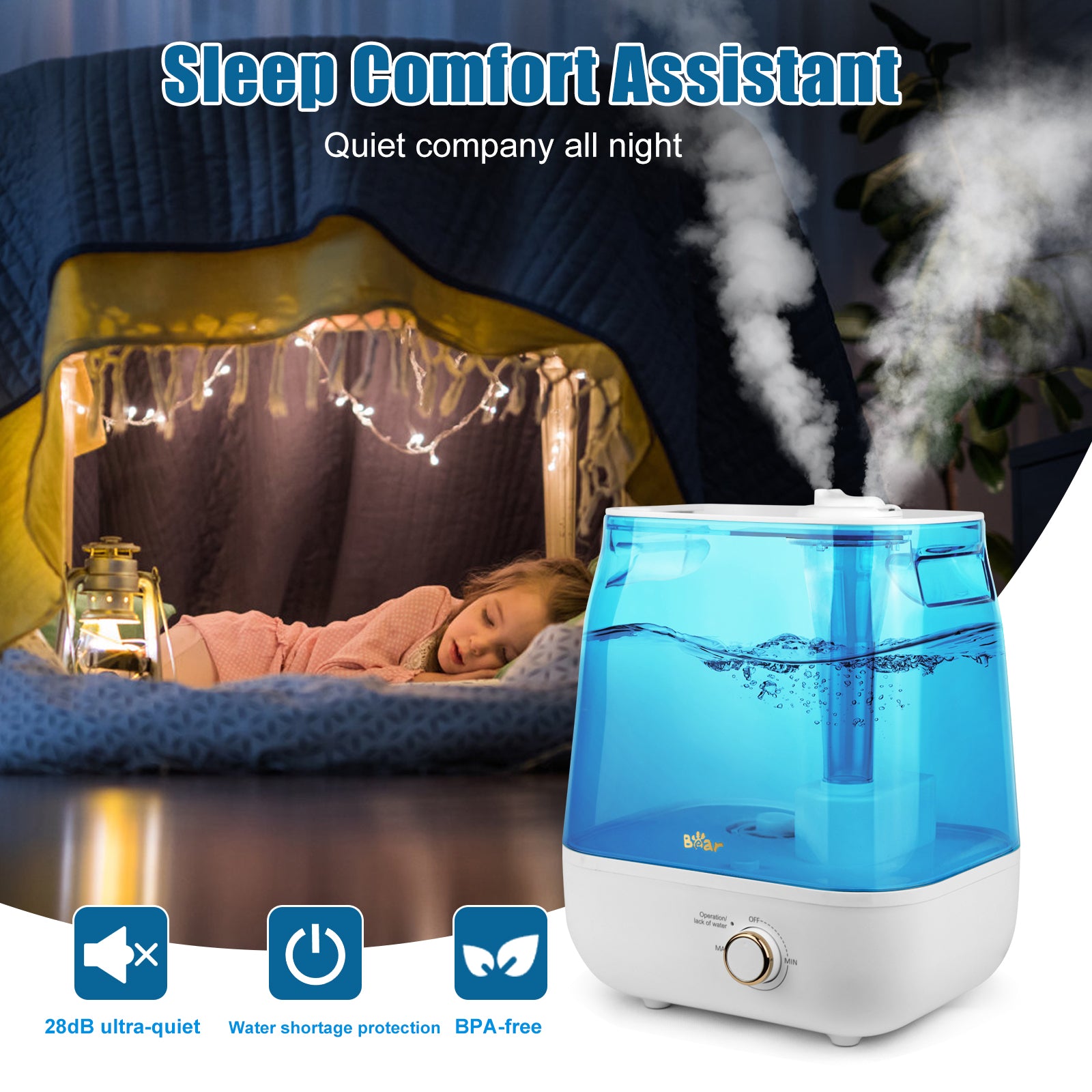 Bear 6 L Humidificateur à Remplissage par le Haut, 28 dB Ultra Silencieux pour Bébés et Plantes, 35 Heures d'Autonomie, avec Plateau d'Aromathérapie, Buse de Vapeur Extensible à 360°