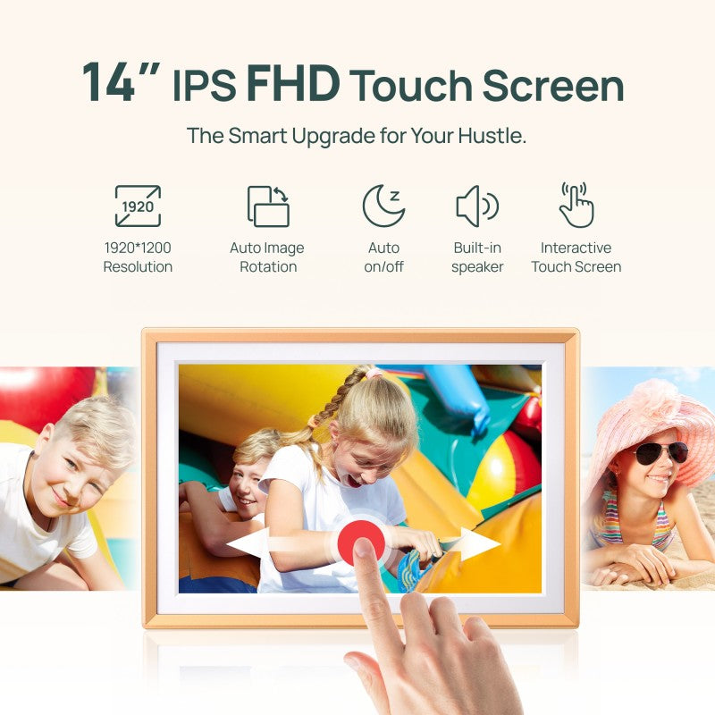 ARZOPA D14 Cadre photo numérique en métal 14 pouces, stockage cloud gratuit, photos et vidéos illimités, partage via application, écran tactile FHD 1920 x 1200, idée cadeau pour la famille