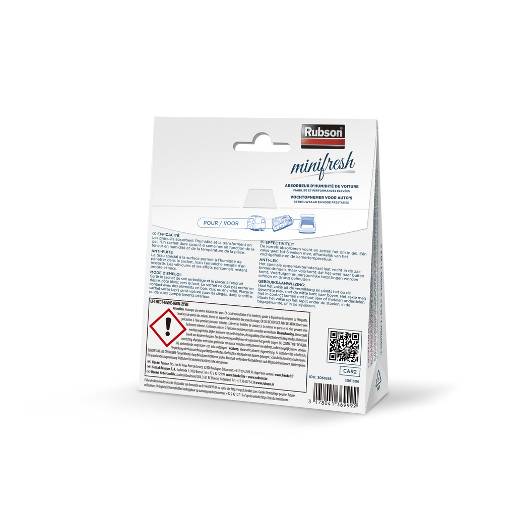 Rubson – Absorbeur d’Humidité Minifresh Voiture Parfum Neutre (2 sachets) – Anti-humidité & anti-odeurs pour véhicule, camping-car, caravane jusqu’à 2 m² – Déshumidificateur voiture sans électricité