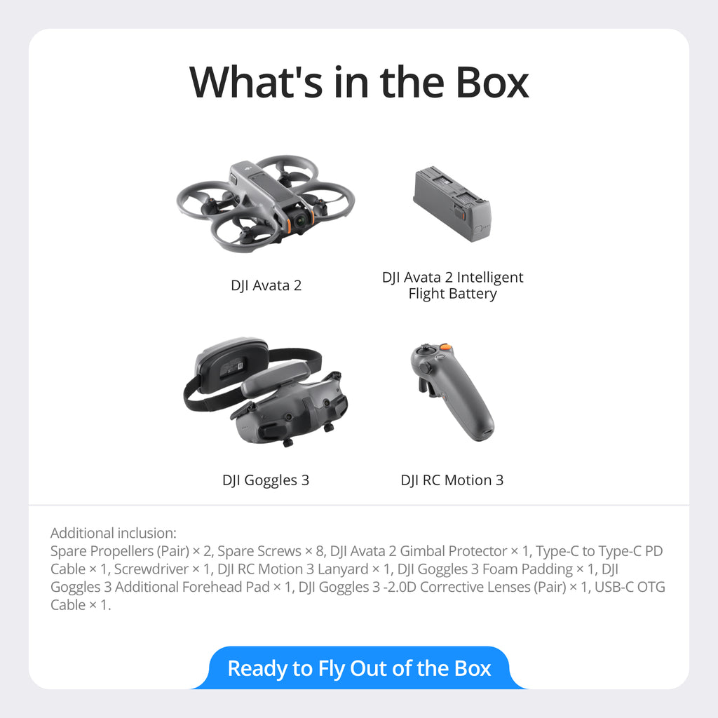 DJI Avata 2 Pack Fly More batterie unique, Drone FPV avec caméra 4K, protection d'hélice intégrée, Goggles 3 et RC Motion 3 inclus - Noir