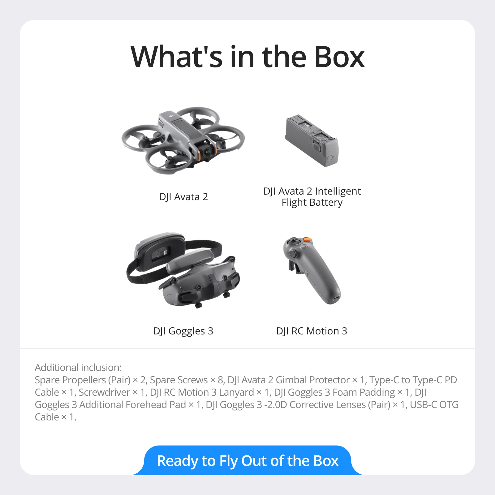 DJI Avata 2 Pack Fly More batterie unique, Drone FPV avec caméra 4K, protection d'hélice intégrée, Goggles 3 et RC Motion 3 inclus - Noir