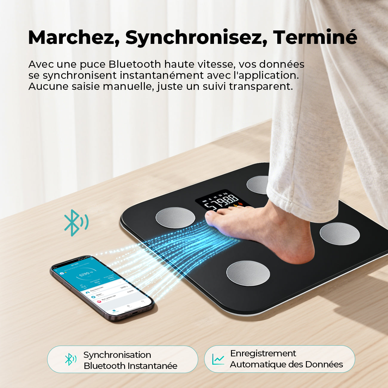 Sparoma ZJ08 Balance de salle de bain numérique avec écran LCD couleur – Alimentée par piles (4 × AAA non incluses), moniteur Bluetooth de graisse corporelle et de fréquence cardiaque avec suivi par application