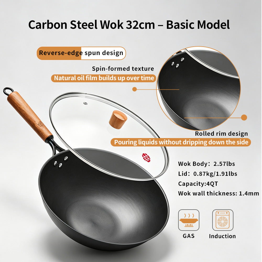 WANGYUANJI Wok en acier au carbone texturé à revêtement rotatif 12,6" avec couvercle en verre — Fond plat, sans revêtement, pour toutes les plaques de cuisson