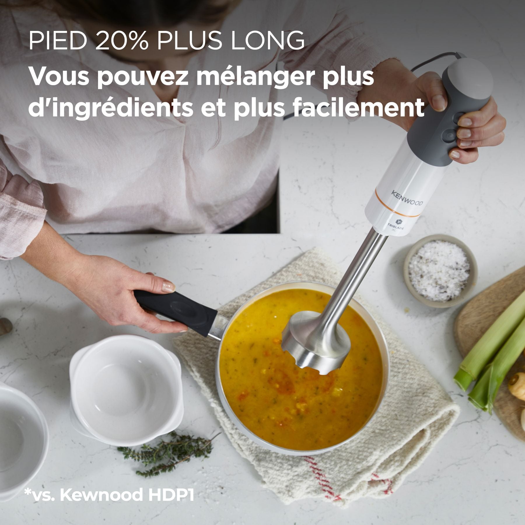 KENWOOD Triblade XL, Mixeur plongeant 850 W, HBM40.002WH, Gris/Blanc