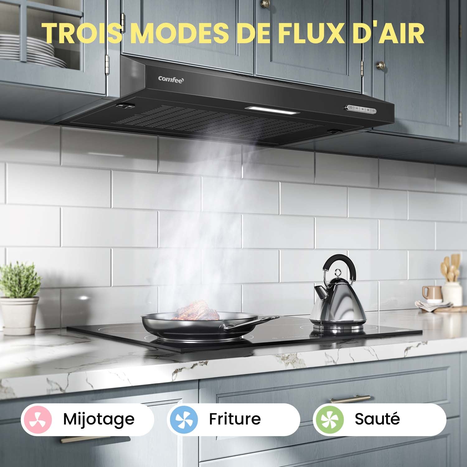 Comfee' Hotte aspirante LED KWH-SLIF17B-60, hotte aspirante sous meuble, hotte aspirante murale, hotte aspirante de cuisine, hotte aspirante à évacuation supérieure, 600 mm, acier inoxydable, 60 cm