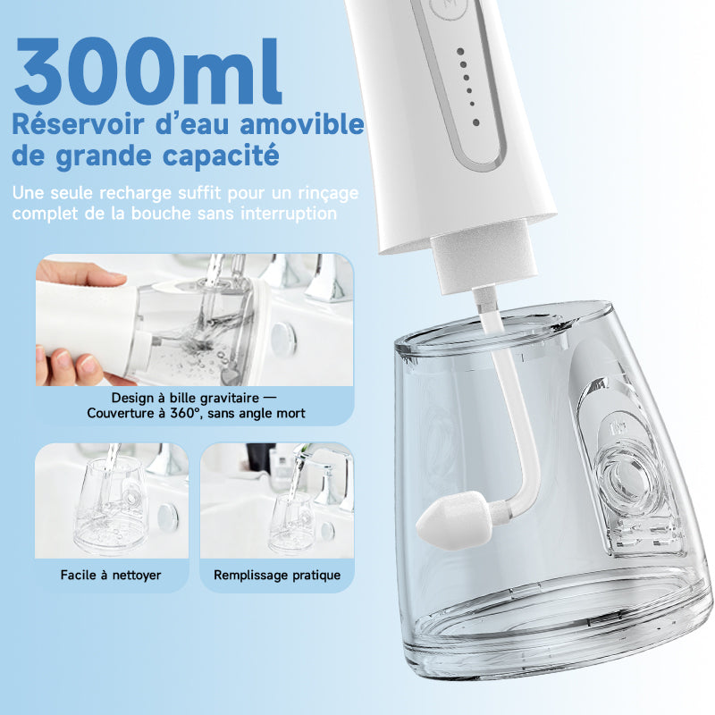 H2ofloss HF-2 Brosse à dents électrique, avec 5 modes, 5 embouts, rechargeable par USB, étanchéité IPX7 et un réservoir d'eau de 300 ml, disponible en blanc