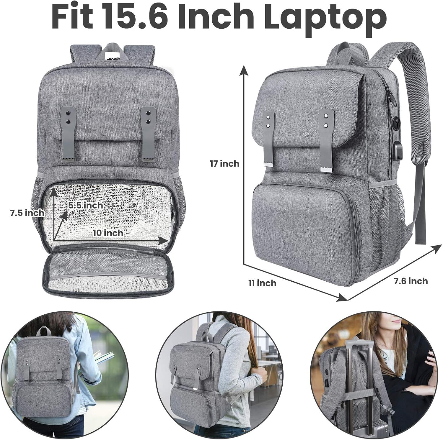 Sac à dos avec sac déjeuner isotherme pour femme, Sac de voyage pour ordinateur résistant à l'eau, Sac à dos universitaire, Compatible avec ordinateur portable 15,6 po
