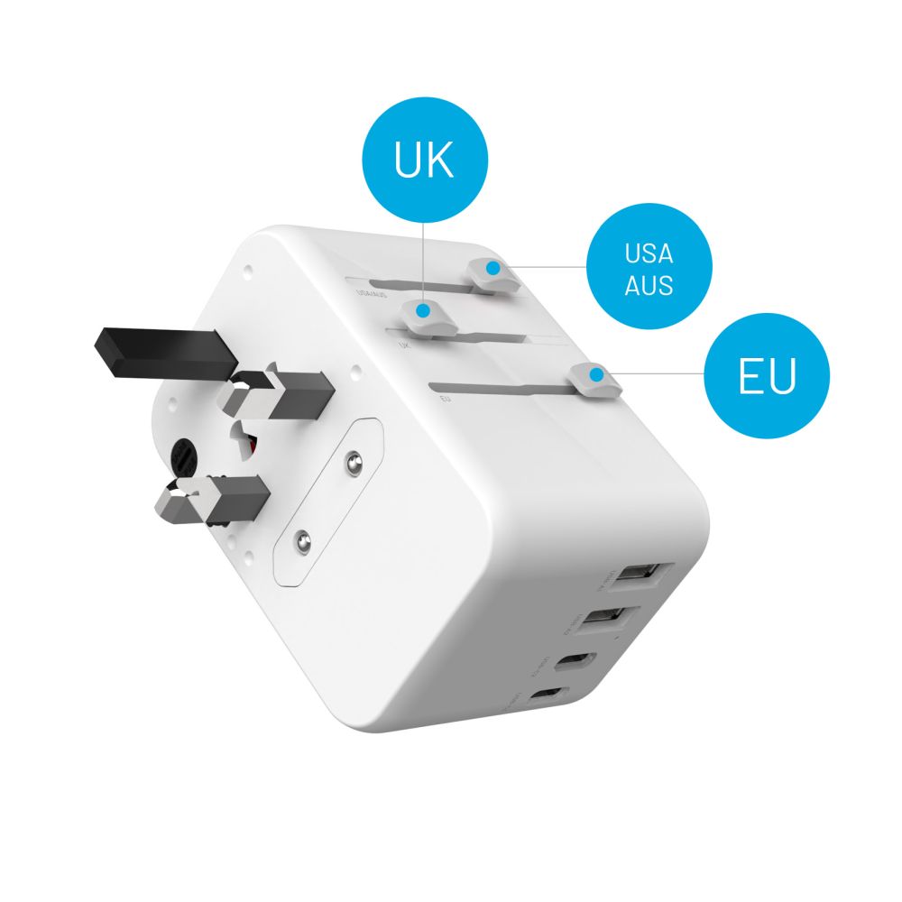FIXED Adaptateur de voyage universel 3 x USB-C / 2 x USB 65 W GaN blanc