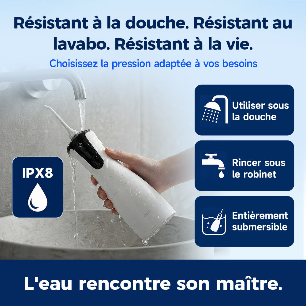 BAIR CARE Hydropulseur dentaire portable M4, Mode pulvérisation pressurisée, Autonomie 30 jours, Rechargeable USB, 4 modes de nettoyage, Étanche IPX7