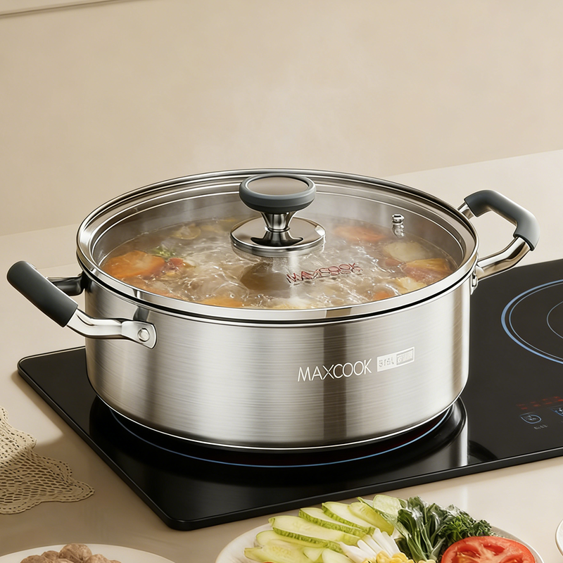 Maxcook Marmite 30 cm, Marmite de cuisson en acier inoxydable 316 L, Fond composite multicouche, Avec couvercle en verre et doubles poignées résistantes à la chaleur, Compatible avec les plaques à induction et à gaz, Marmite à soupe grande capacité M