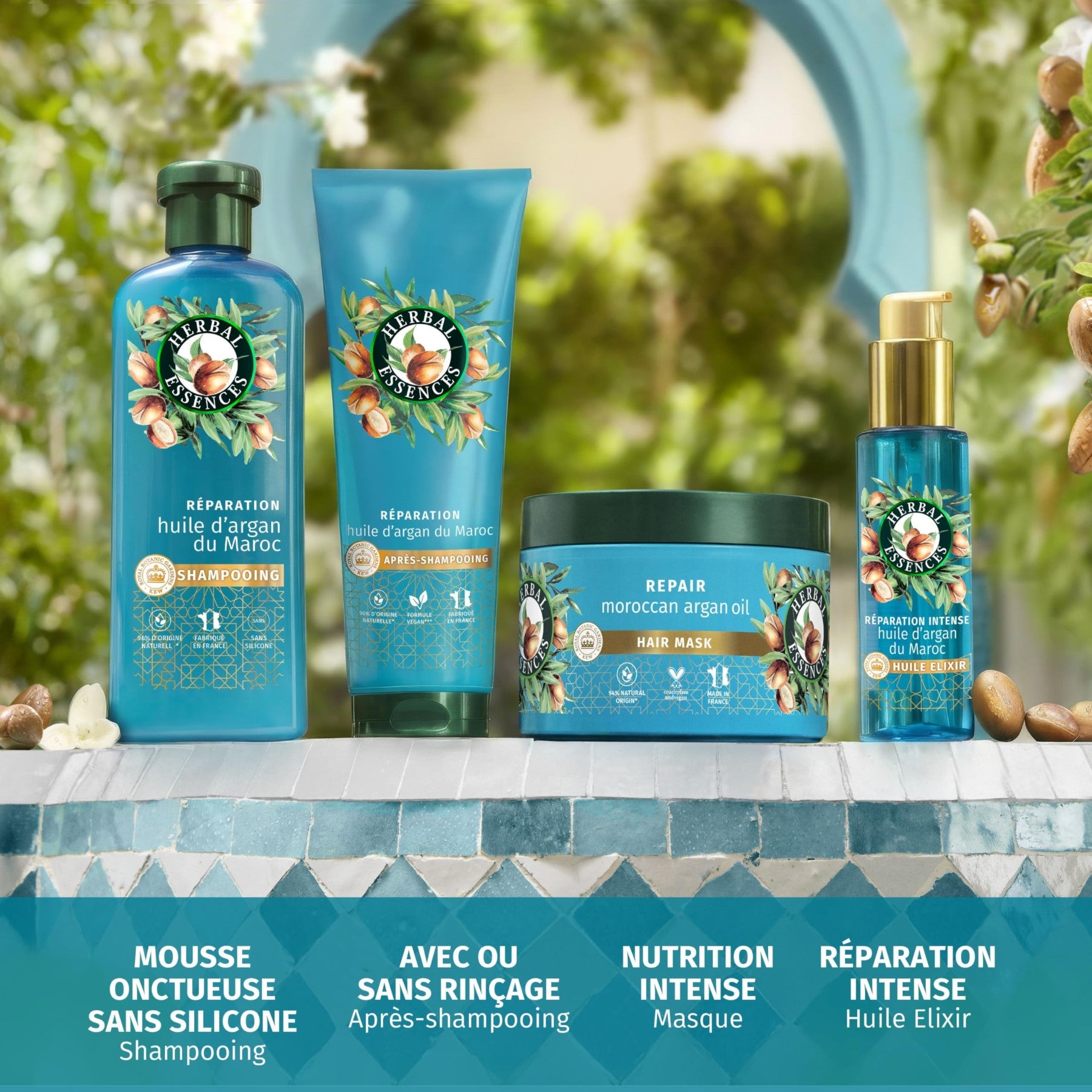 HERBAL ESSENCES Routine de réparation à l'huile d'argan avec shampooing 250 ml, après-shampooing 200 ml & masque 500 ml