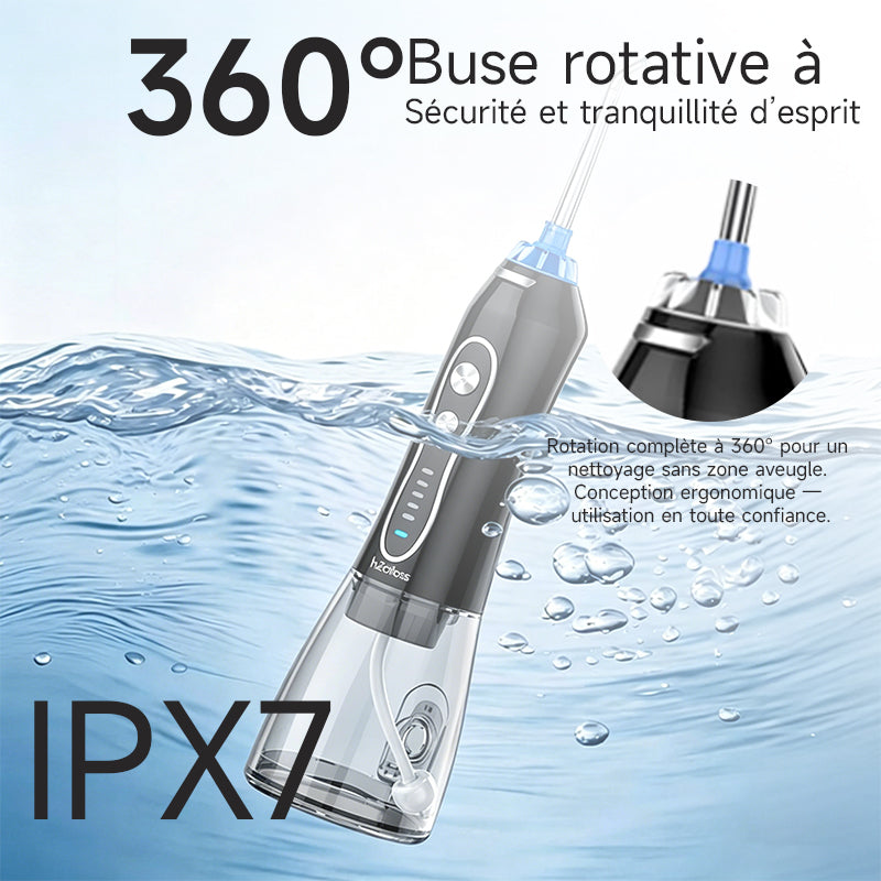 h2ofloss Hydropulseur dentaire portable, batterie 2500 mAh, 140 psi, 5 canules, étanche IPX7, 5 modes, rechargeable par USB - Noir