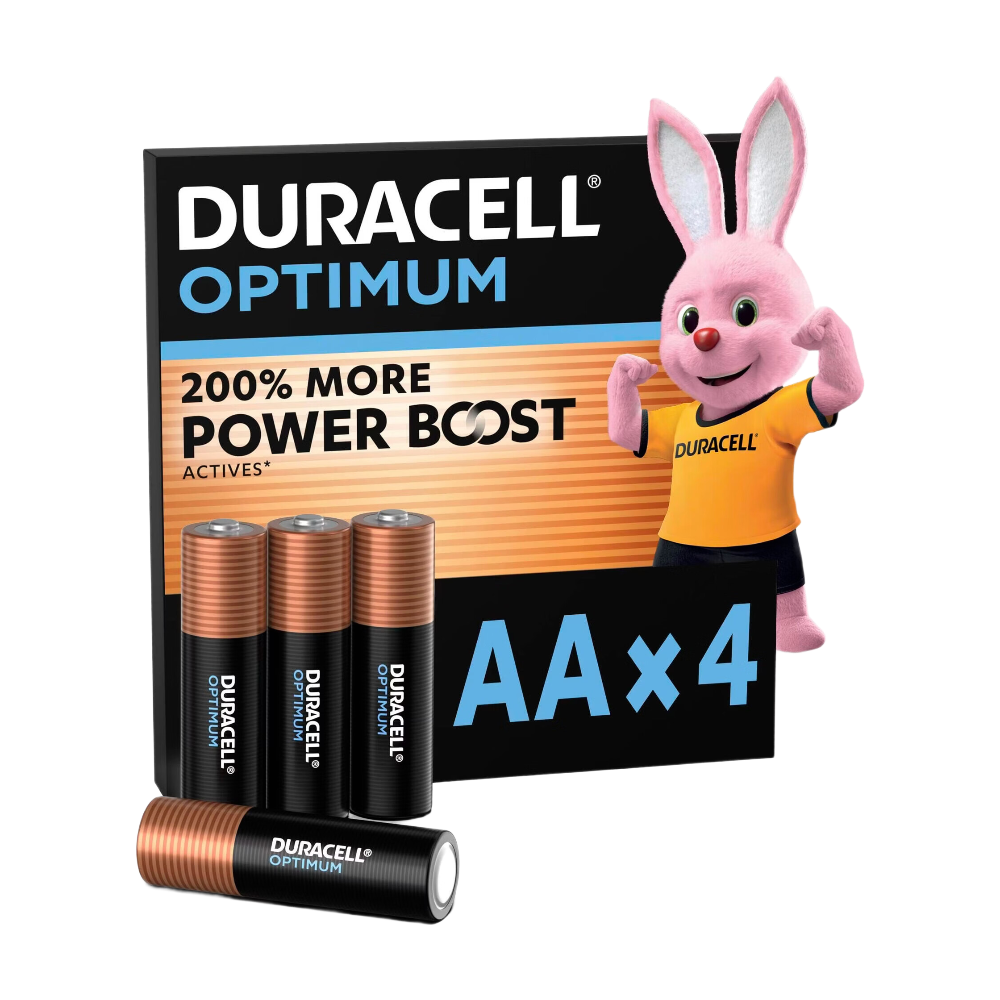 DURACELL Optimum Lot de 4 piles AA alcalines 1,5 V, +200 % d’actifs Power Boost*, répondent aux exigences des appareils modernes, 100 % recyclables, emballage 0 % de plastique – LR6 MX1500