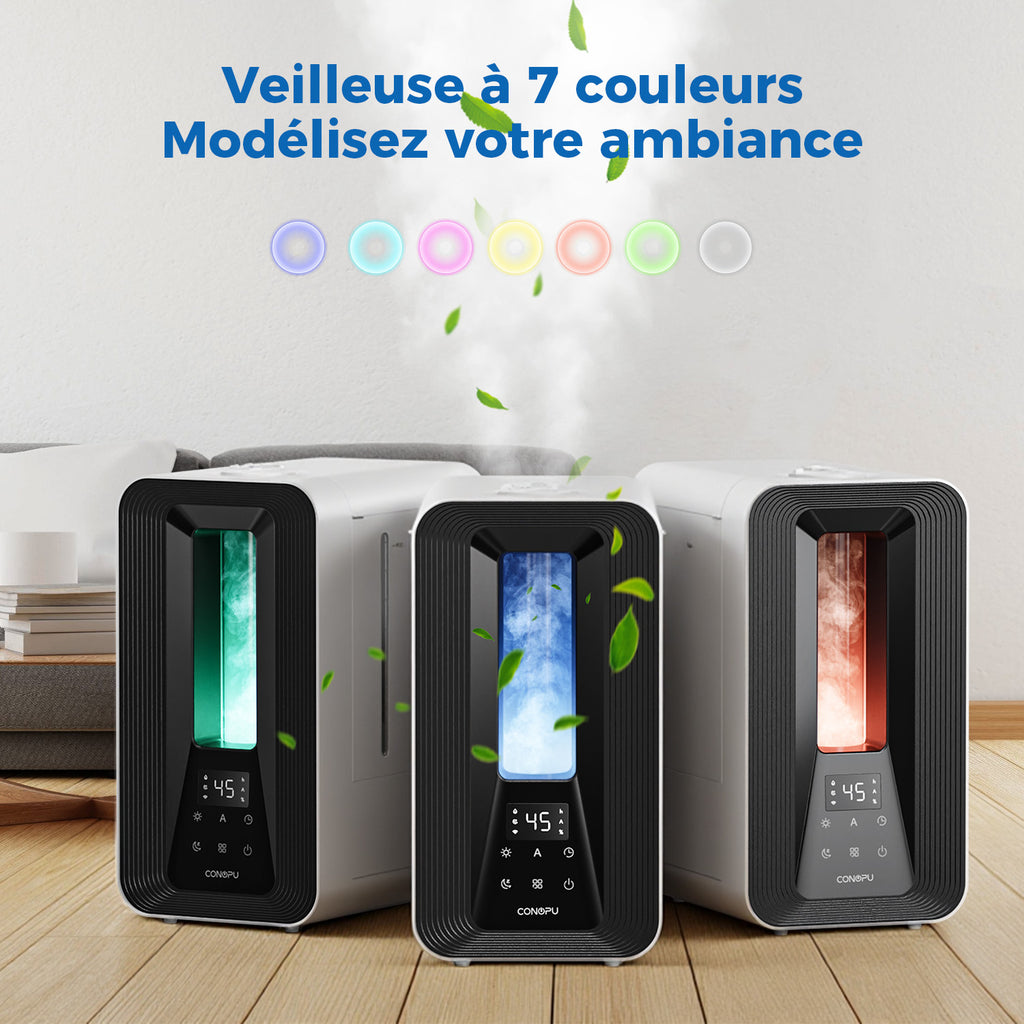 CONOPU Humidificateur à ultrasons 5 L pour chambre, Contrôle automatique intelligent de l'humidité, 2 buses à 360°, Mode sommeil silencieux, Diffuseur d'arômes, Éclairage LED, Minuterie 24 h