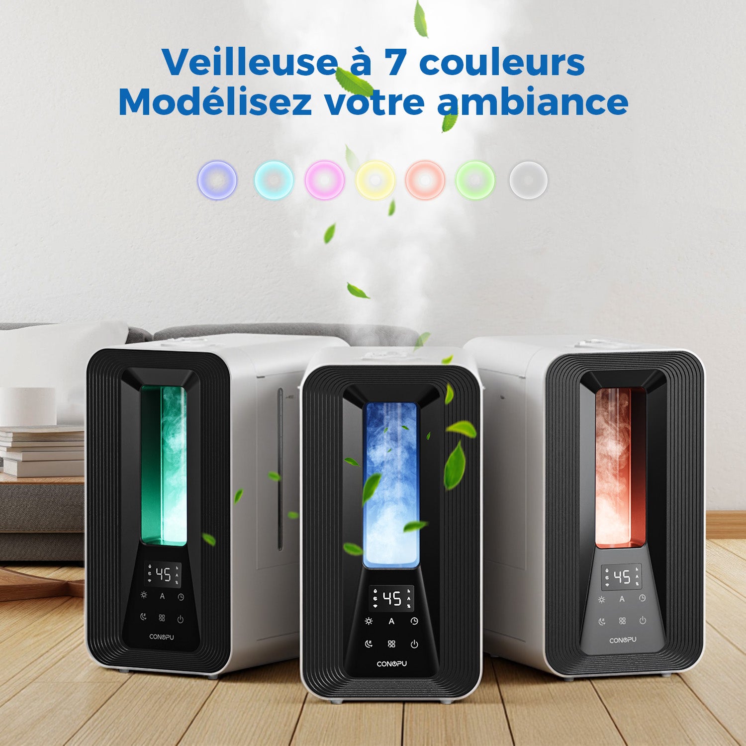 CONOPU Humidificateur à ultrasons 5 L pour chambre, Contrôle automatique intelligent de l'humidité, 2 buses à 360°, Mode sommeil silencieux, Diffuseur d'arômes, Éclairage LED, Minuterie 24 h