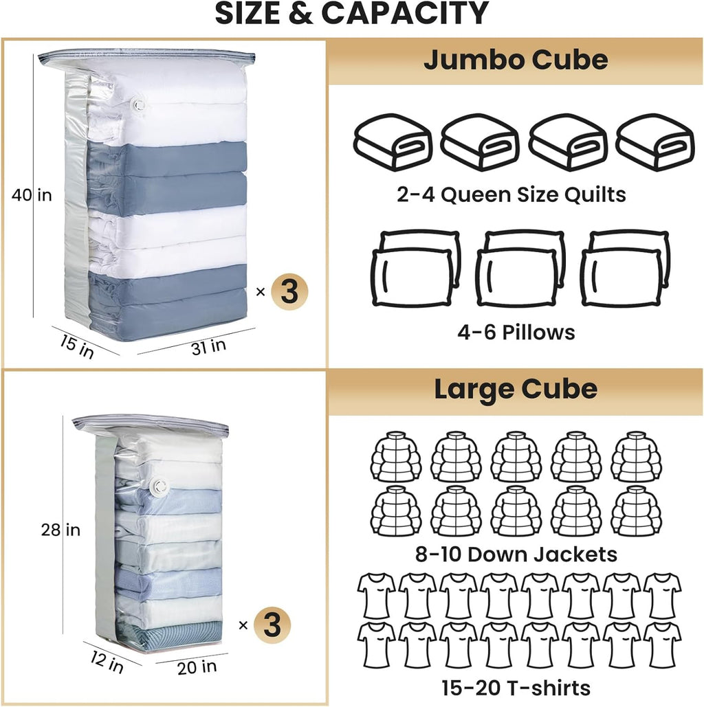 Taili Lot de 6 sacs de rangement sous vide, Ensemble de sacs cubes gain de place (3 très grands + 3 moyens), Sacs à fermeture sous vide pour literie, vêtements, couettes, couvertures