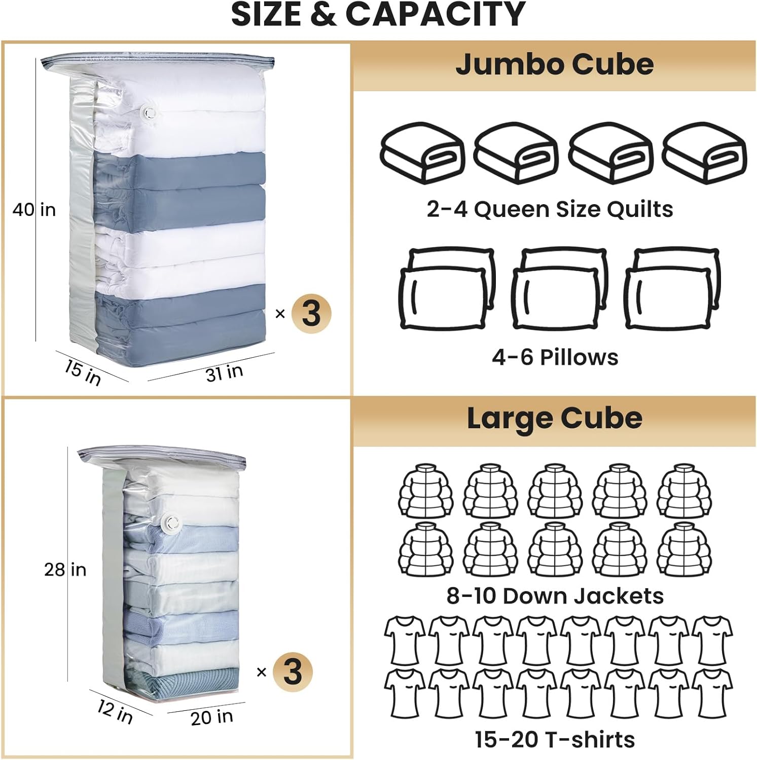 Taili Lot de 6 sacs de rangement sous vide, Ensemble de sacs cubes gain de place (3 très grands + 3 moyens), Sacs à fermeture sous vide pour literie, vêtements, couettes, couvertures