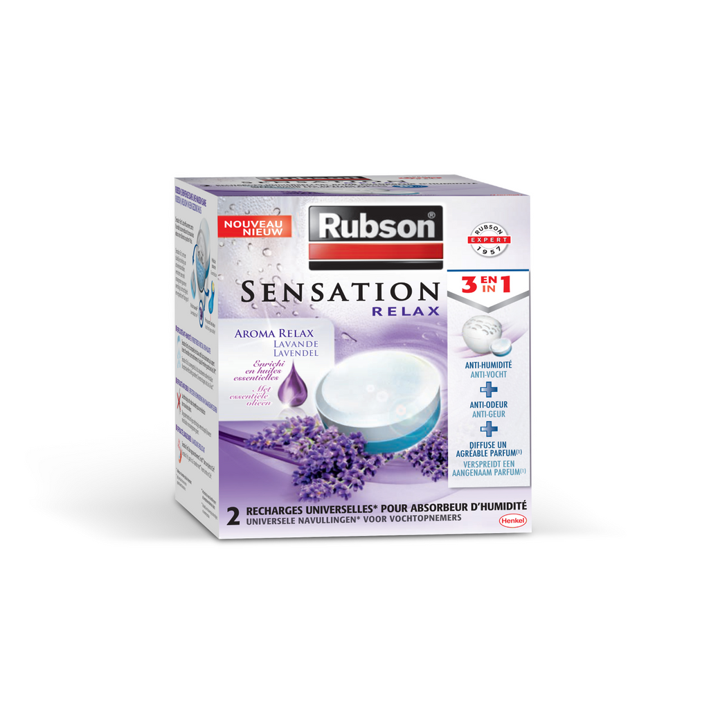 Rubson Sensation Relax Recharges universelles pour absorbeur d'humidité parfum lavande (2 x 300 g) – Recharges 3 en 1 anti-humidité, anti-odeur et agréable parfum