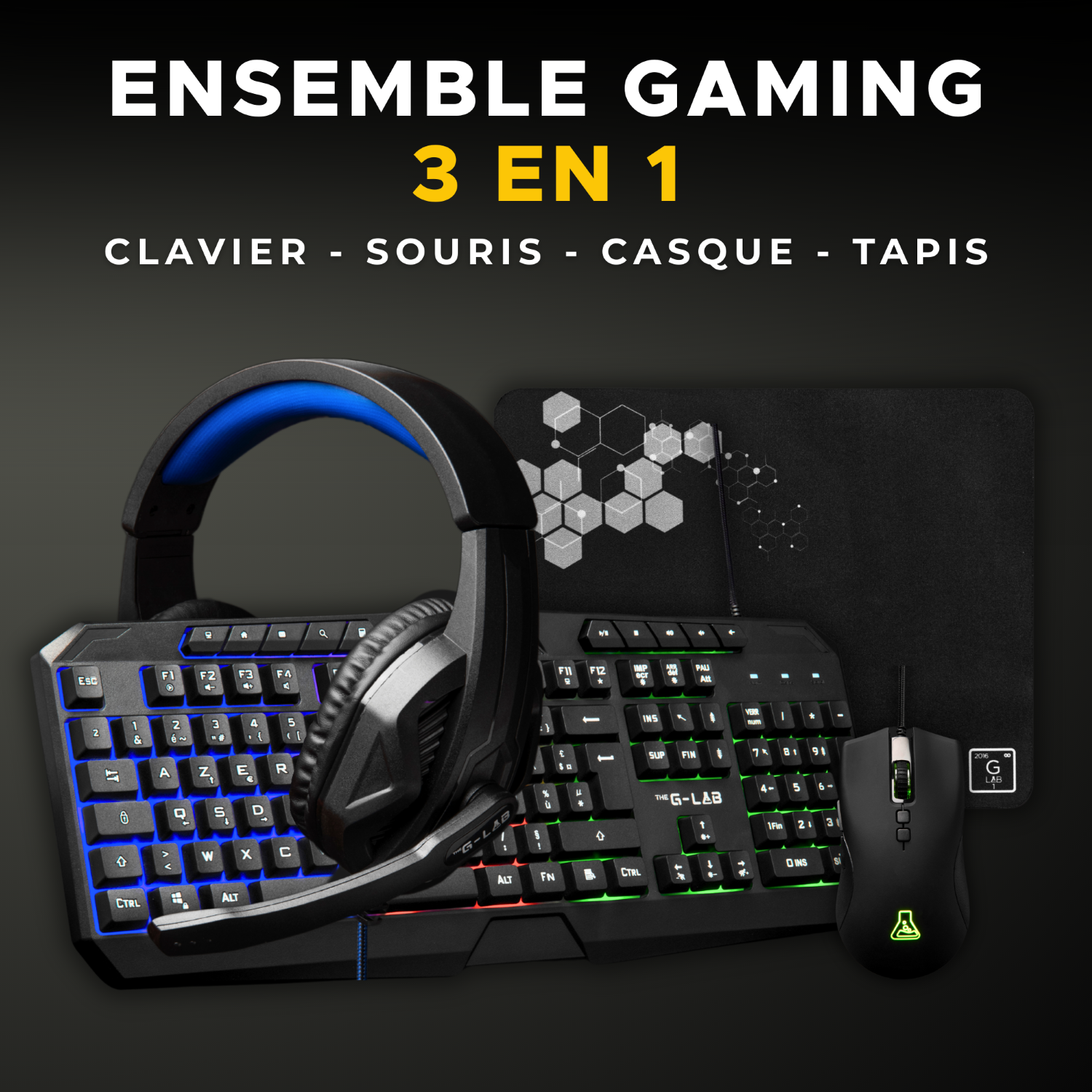THE G-LAB Combo Argon E Combo Set Clavier et Souris Gaming Filaire - AZERTY, 3200 DPI, 6 Boutons - Noir