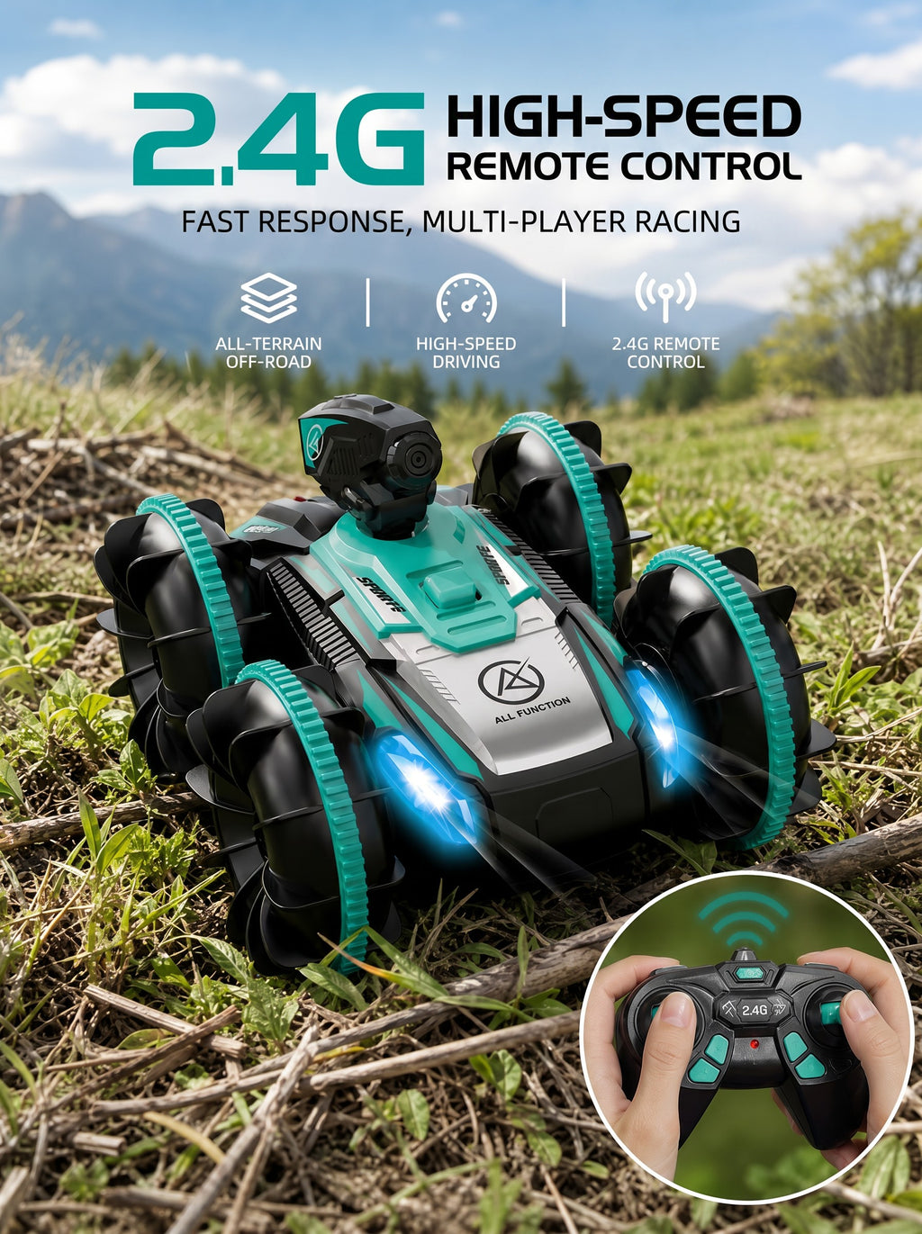Tank RC amphibie à double commande gestuelle, voiture de cascade étanche sur terre et sur l'eau, jouet LED à tirer de l'eau et rotation à 360° pour enfants 8+, un seul modèle en vert