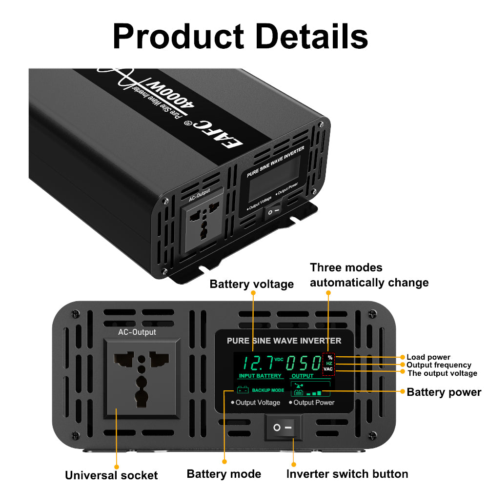 EAFC Onduleur à onde sinusoïdale pure 4000 W Pic 4000 W / Puissance nominale 2000 W avec technologie au silicium amorphe, convertisseur 12 V CC vers 220 V CA, prise universelle