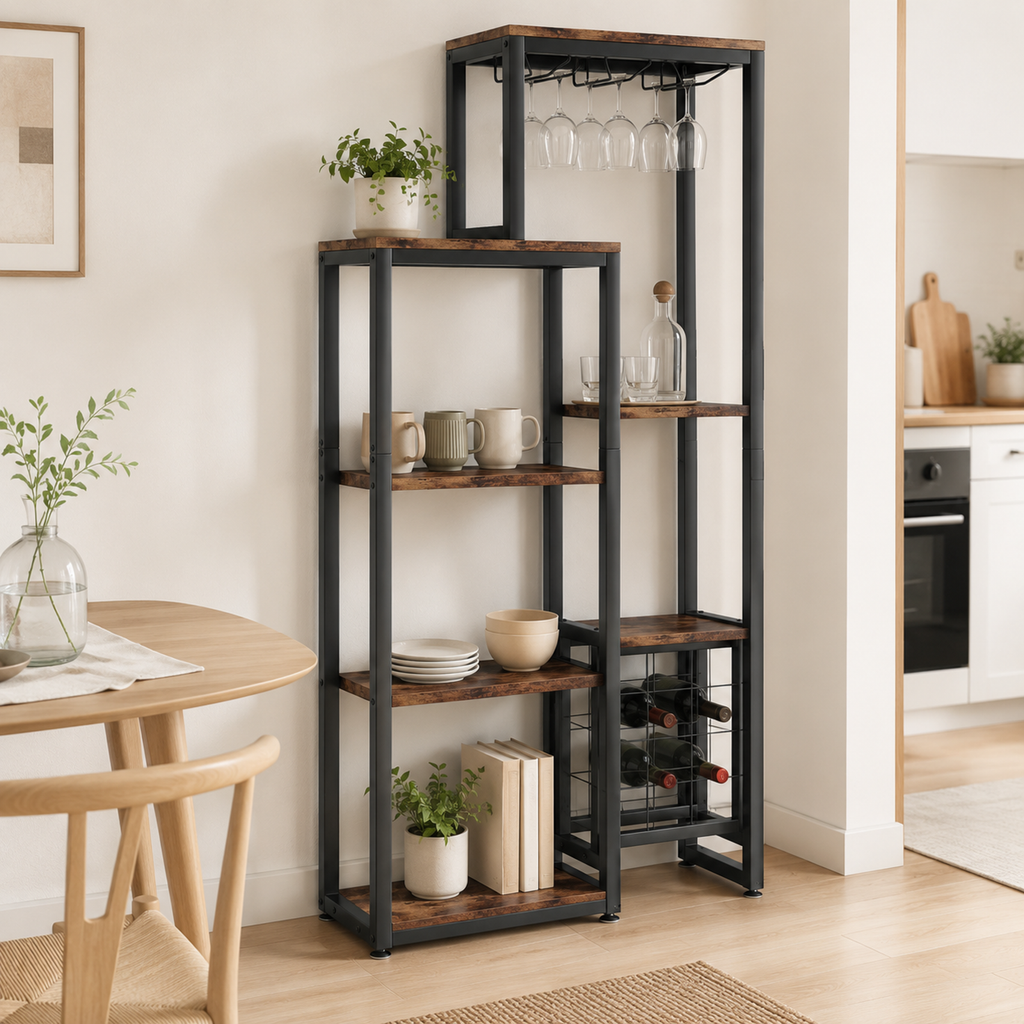LANTINE Casier à vin, Base autoportante, Étagère à vin de cuisine 5 niveaux avec porte-verres et rangement à vin, Casier à vin industriel, Meuble bar à vin, Pour bar, cuisine