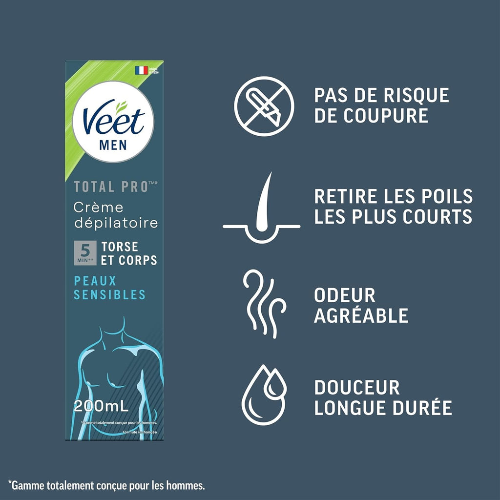 Veet MEN Crème Dépilatoire Body & Aisselles Peaux Sensibles sans Parfum 200ml