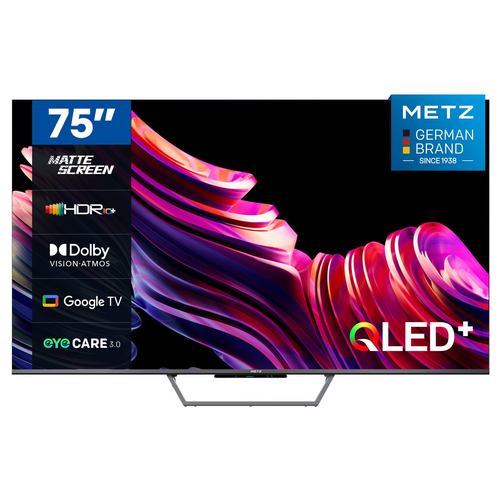 Smart TV METZ, MQD7500Z, 75", QLED, 4K UHD, HDR 10, Google TV, HDMI et USB, Fin, Moderne, Noir