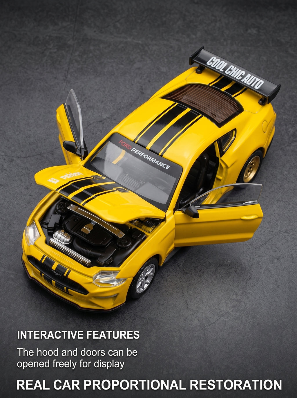 CCA Voiture miniature 2018 Ford Mustang GT jaune classique à l'échelle 1:42 – Kit DIY avec portes ouvrantes et pièces interchangeables ; un modèle réduit de collection de grande valeur