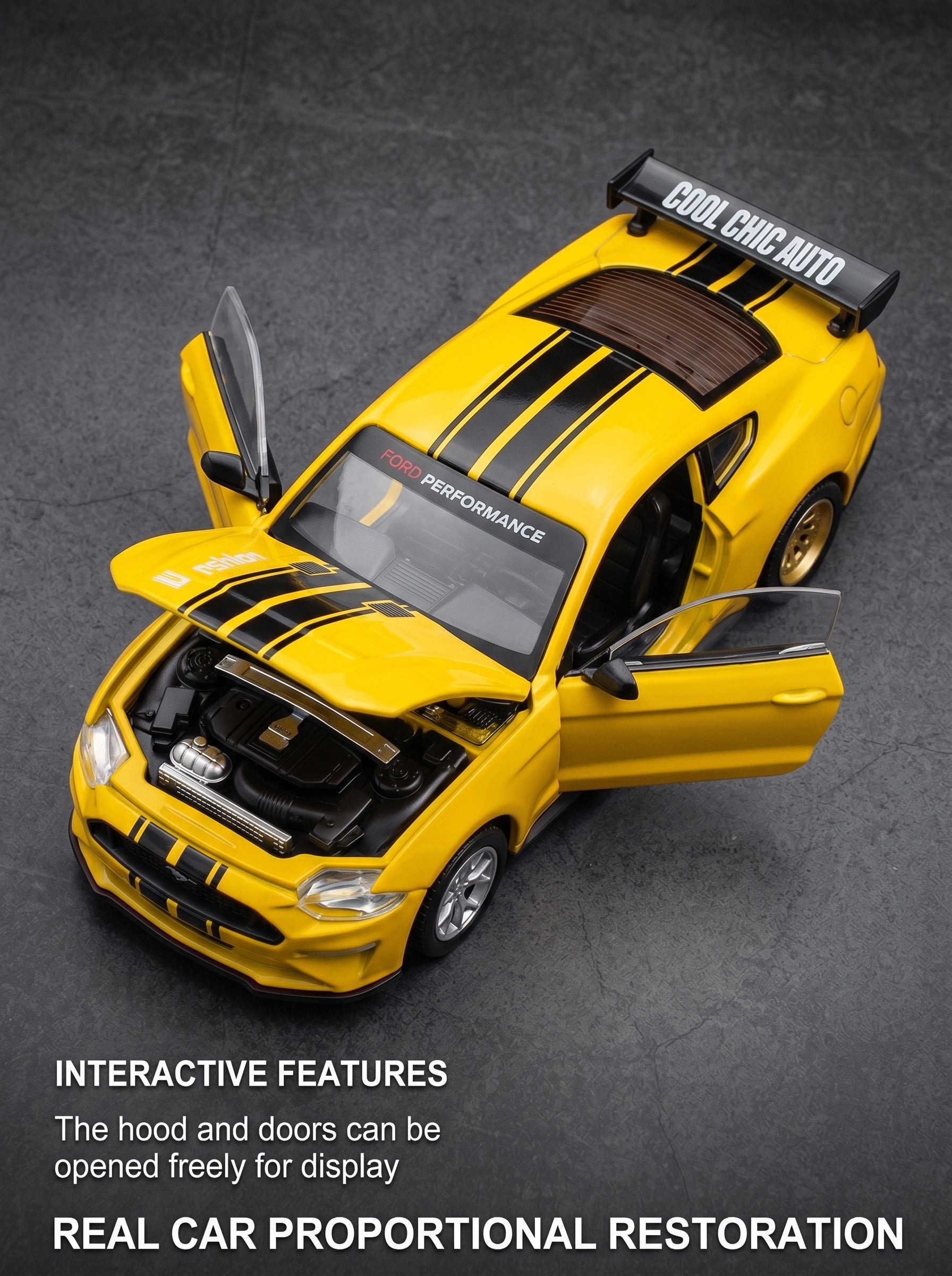 CCA Voiture miniature 2018 Ford Mustang GT jaune classique à l'échelle 1:42 – Kit DIY avec portes ouvrantes et pièces interchangeables ; un modèle réduit de collection de grande valeur