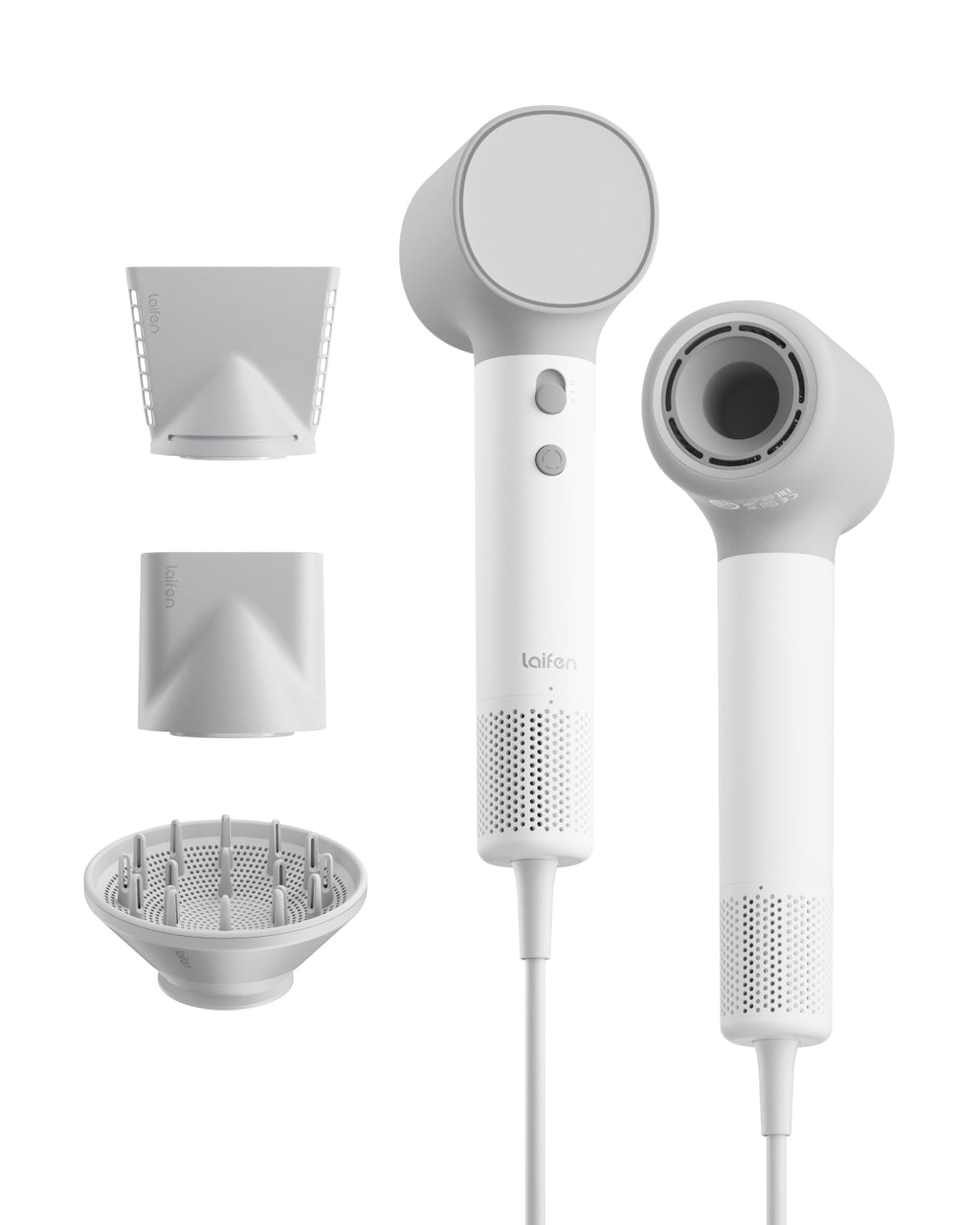 Laifen Neo Sèche-Cheveux Ionique Ultra-Rapide – Moteur 110 000 tr/min, Flux d'Air 22 m/s, 200 M Ions Négatifs, Léger 390 g, Contrôle Adaptatif de la Température, 3 Embouts Blanc