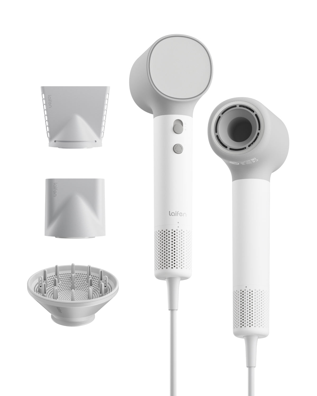 Laifen Neo Sèche-Cheveux Ionique Ultra-Rapide – Moteur 110 000 tr/min, Flux d'Air 22 m/s, 200 M Ions Négatifs, Léger 390 g, Contrôle Adaptatif de la Température, 3 Embouts Blanc