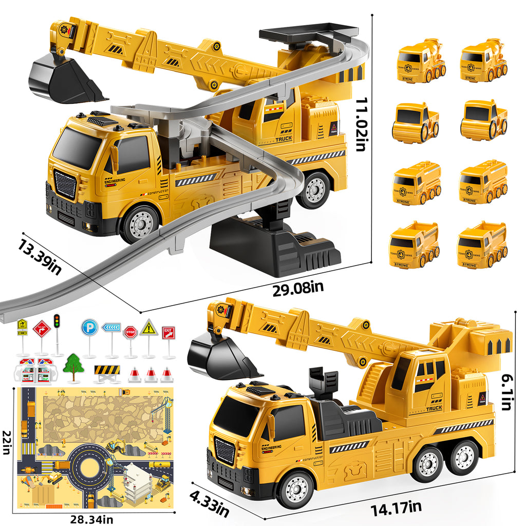 Jouets de camion de construction, camion grue 8 mini voitures de génie en alliage, jouet de pelleteuse pliable avec tapis de jeu et panneaux de signalisation, cadeau de véhicule éducatif
