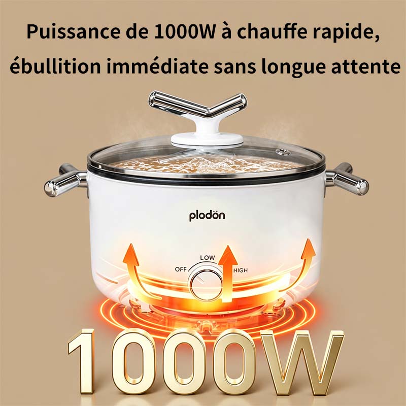 plodon Marmite électrique 2,0 L, portable, multifonction et antiadhésive, 1000 W, cuiseur de nouilles rapide, wok, mijoteuse, pour steak, œuf, nouilles ramen, soupe d’avoine
