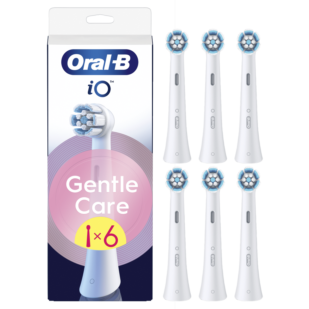 Oral-B iO Pack de 6 Brossettes de Rechange Gentle Care Blanches, Brossage Le Plus Doux, Conviennent Aux Gencives Sensibles, Brossette Pour Les Brosses A Dents Electriques Oral B iO