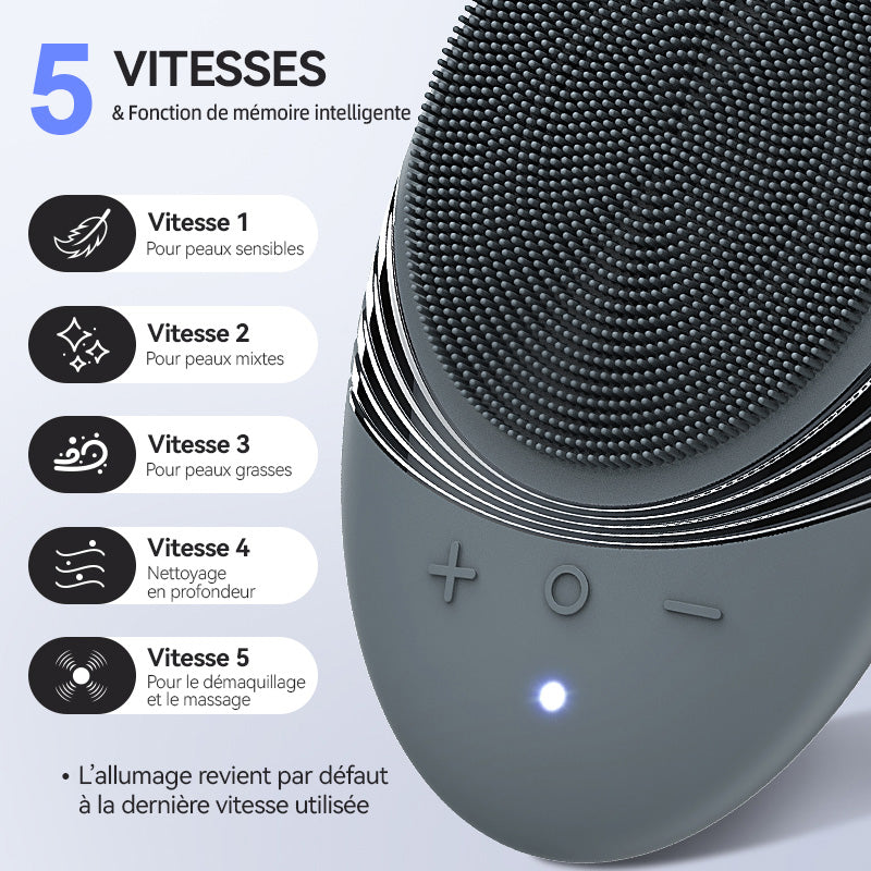 SUNLUXY JMY-103 Brosse nettoyante pour le visage, 5 modes de vibration, nettoyage en douceur avec tête de brosse en silicone, conception portable avec anneau de suspension - Noir