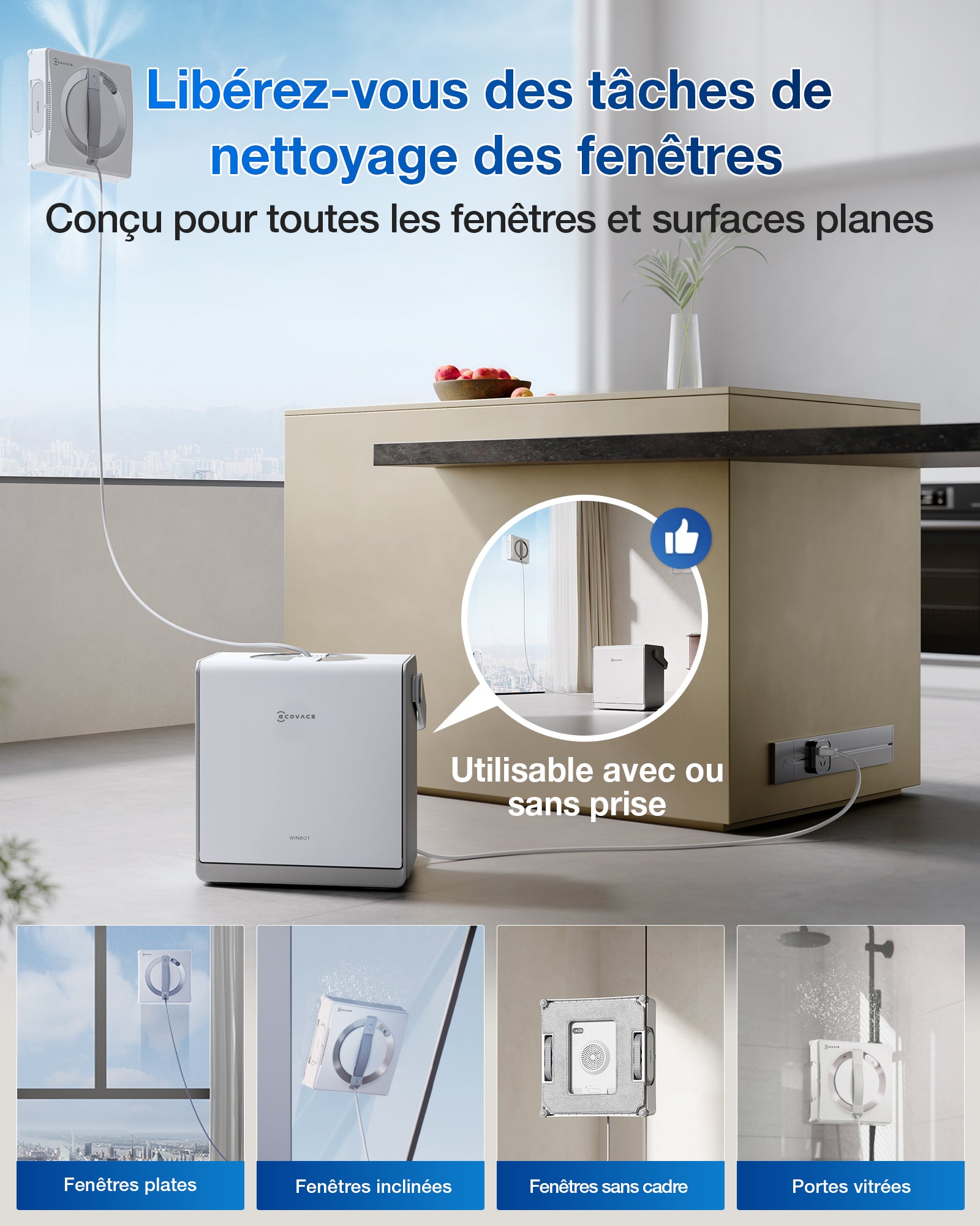 ECOVACS WINBOT W2 Pro Omni Robot lave-vitres avec station multifonction, se recharge pendant le fonctionnement, embout de nettoyage à triple buses, système de protection à 12 niveaux