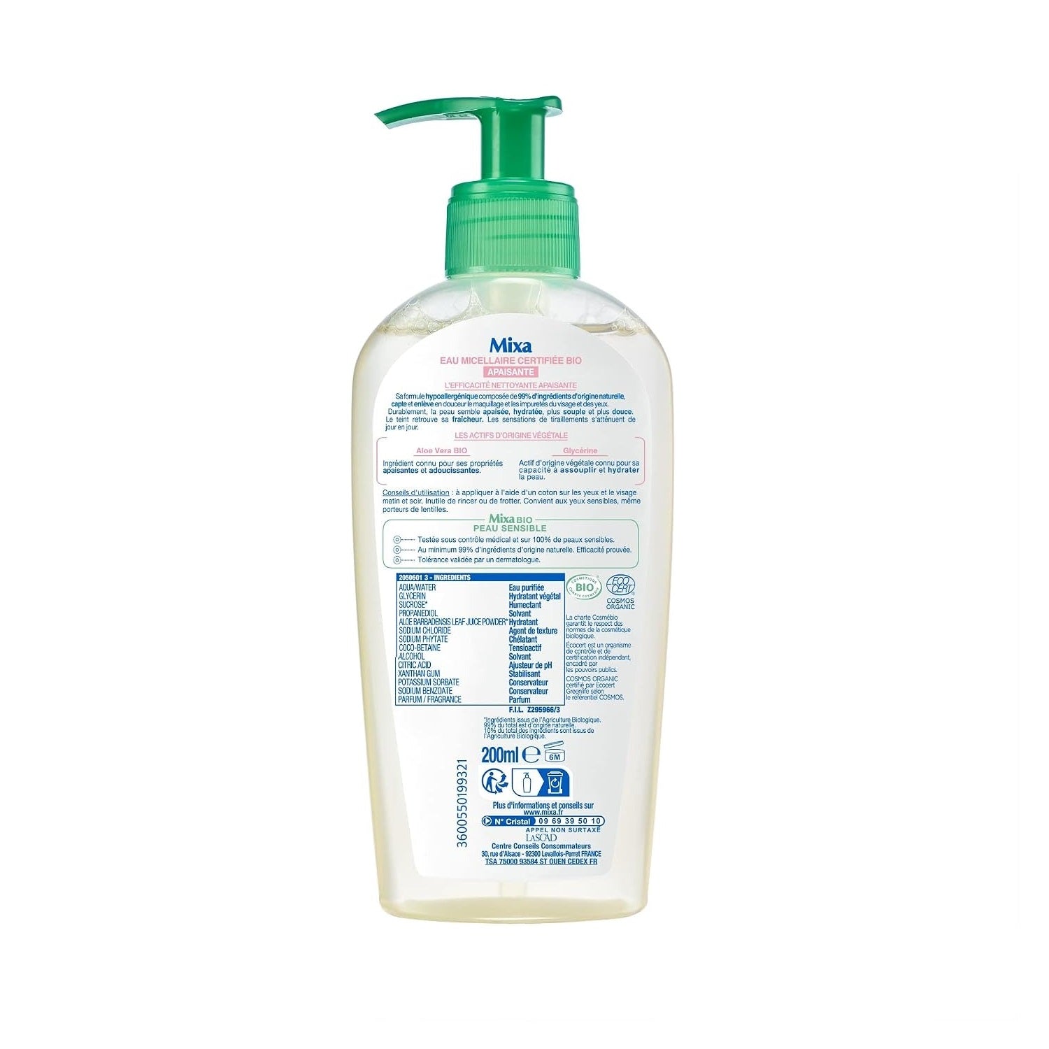 Mixa Eau Micellaire Visage et Yeux Peaux Sensibles Aloe Vera Bio 200 ml