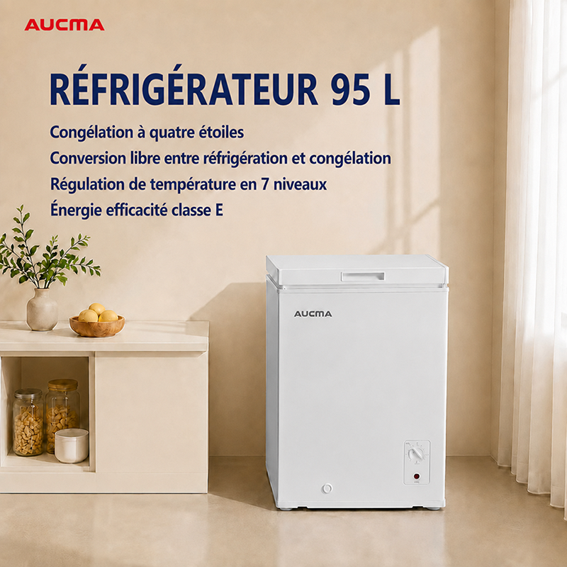 AUCMA 95 L Congélateur Coffre Convertible, Réfrigérateur & Congélateur Réversible, Mini Congélateur Profond Ouverture par le Haut, Classe Énergétique E, Fonctionnement Silencieux, Thermostat à 7 Niveaux, Panier Amovible & Tuyau de Dégivrage, Convient