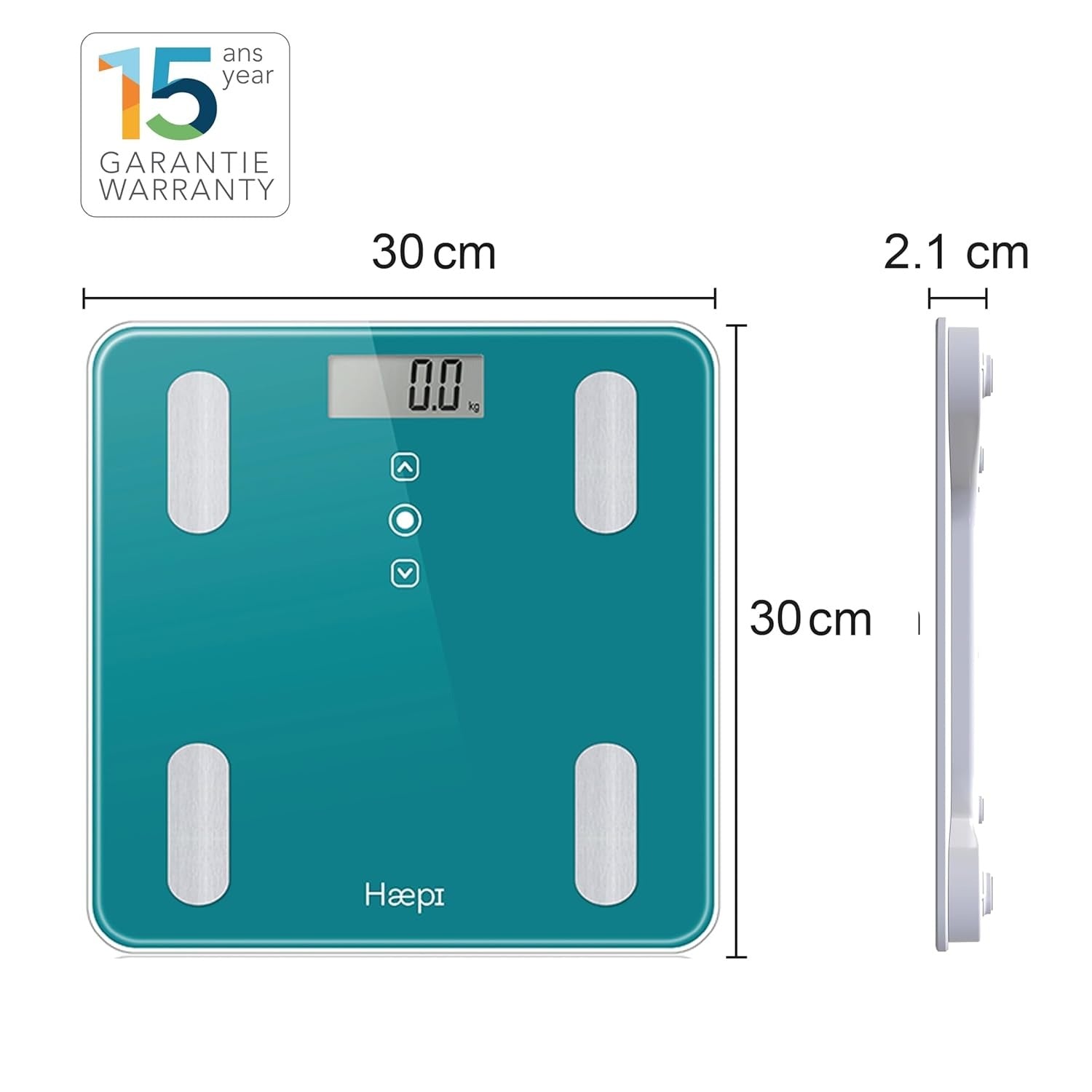Haepi pèse-personnes en verre avec analyse corporelle, IMC, kcal et garantie 15 ans - turquoise