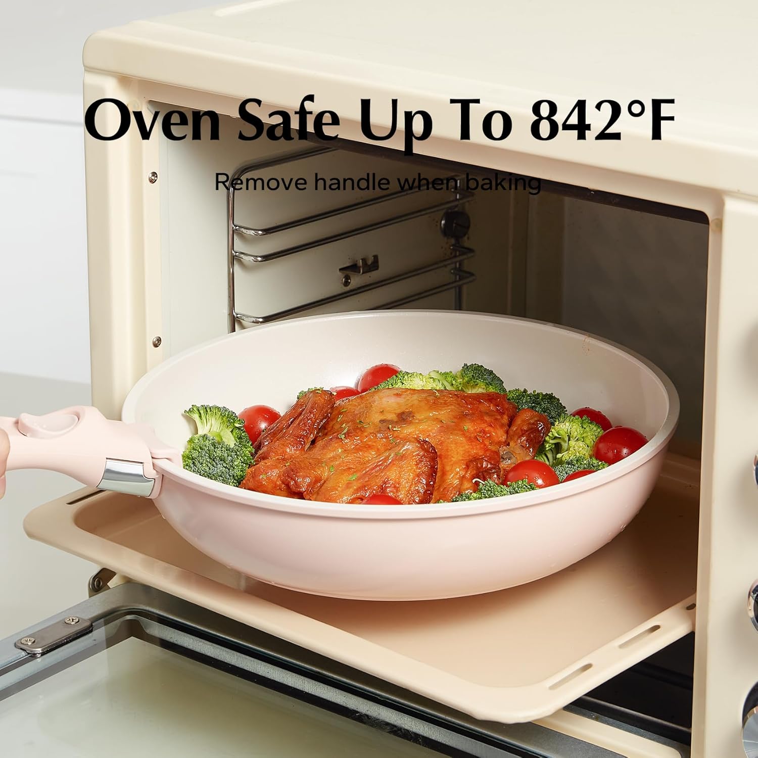 Redchef Set de 5 pièces de cookware en revêtement céramique, avec casseroles de 20 cm, couvercle, poêles de 20 cm/26 cm & poignée amovible, sans PTFE/PFOA/PFAS, compatible lave-vaisselle, extérieur rose & intérieur blanc